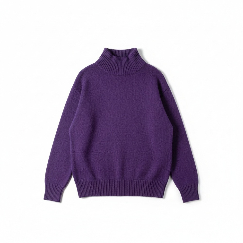JL Plum Purple Mock Neck Chunky Knit Sweater,‎ Women's Small, Ribbed Trim